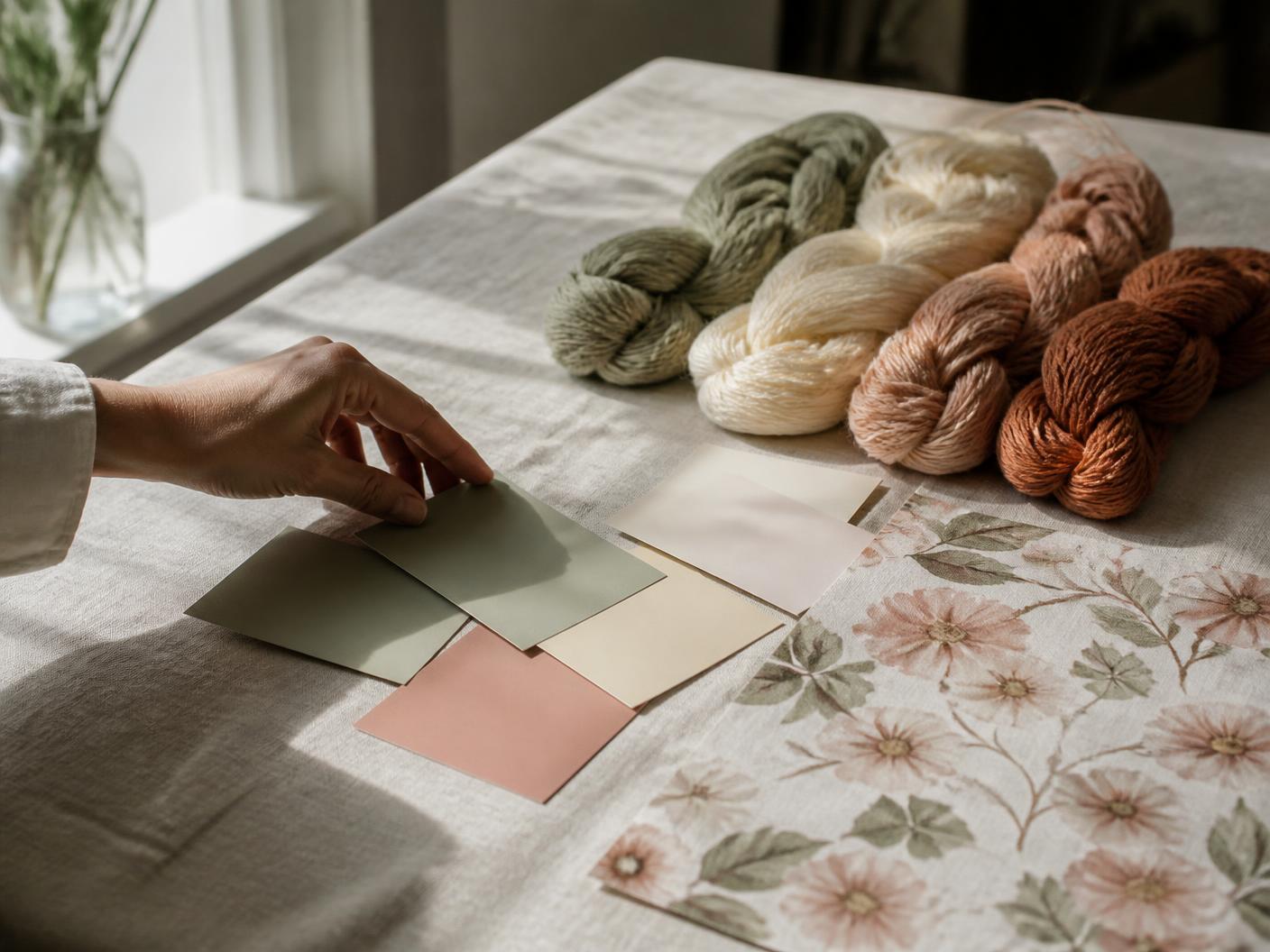 A hand arranging sage, cream, blush and terracotta paint chips and dyed yarn beside a printed floral swatch in window light