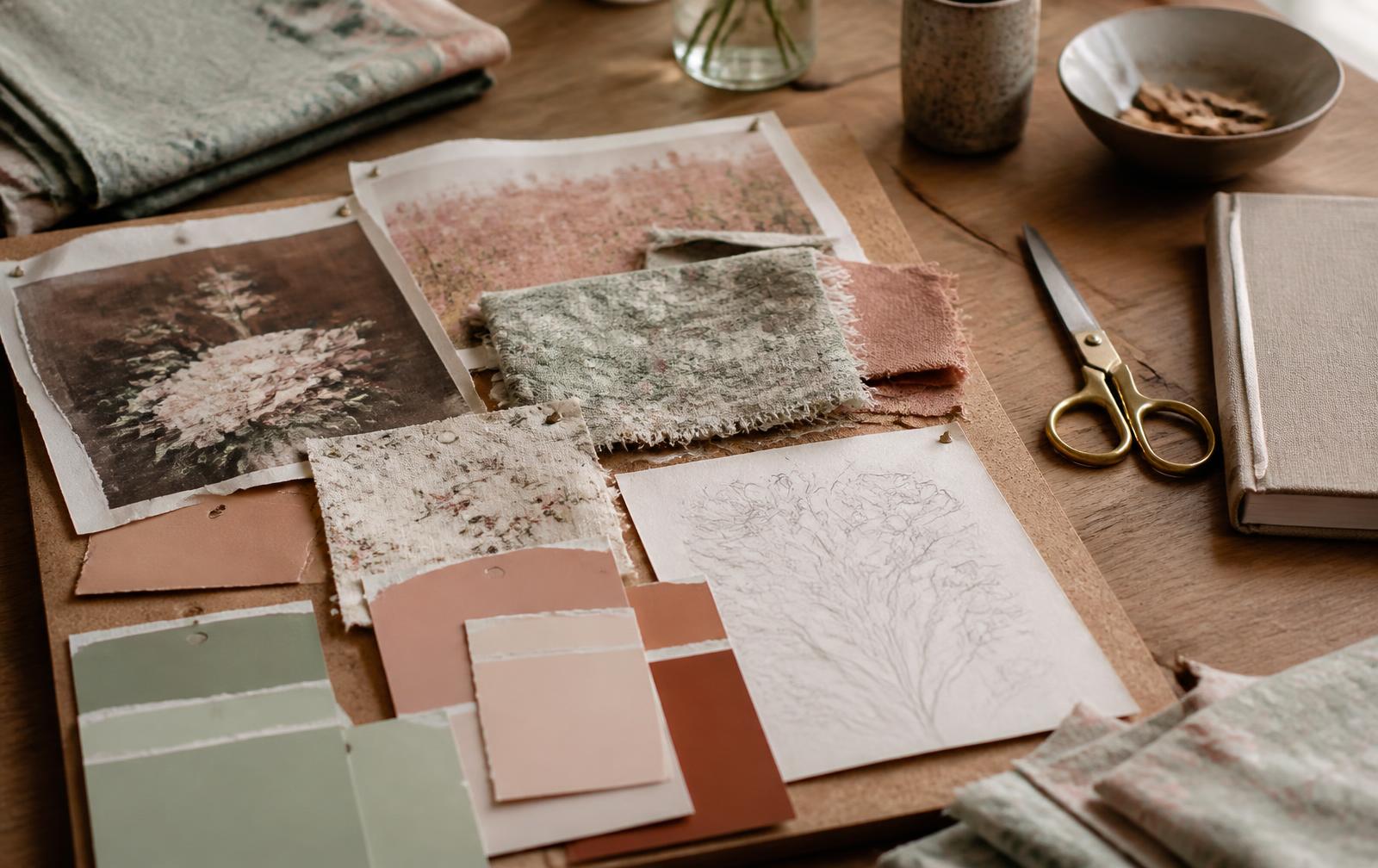 Designer's desk mood board with printed fabric swatches, sage and blush paint chips, a pencil floral sketch and brass scissors