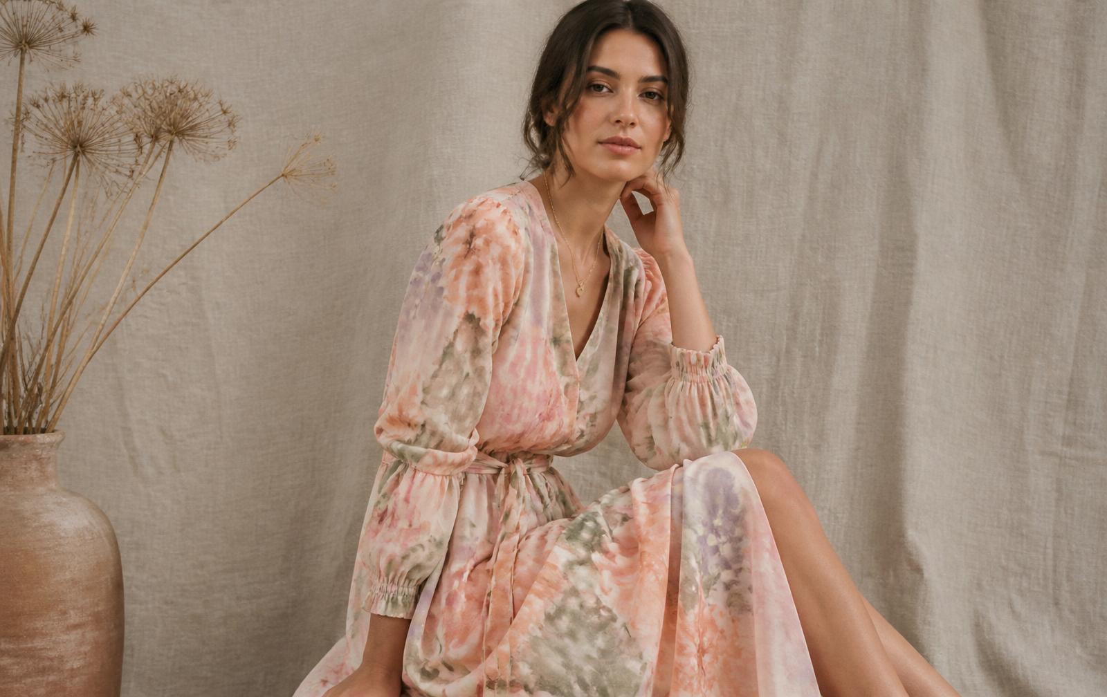 Model wearing a soft watercolour floral midi dress in peach, dusty pink and sage against a linen backdrop