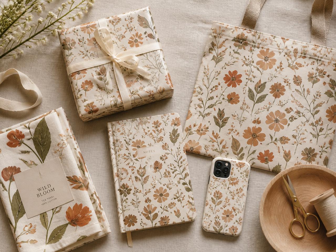 Flat lay of gift wrap, journal, tote bag, phone case and tea towel sharing one botanical pattern
