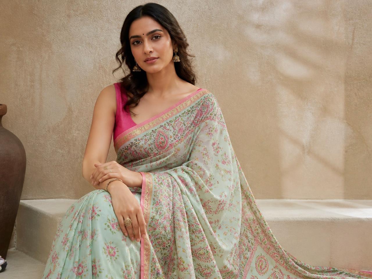 Model wearing a contemporary saree printed with Indian floral buti and paisley motifs