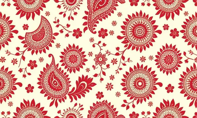 Seamless Indian wear surface pattern swatch with buti and paisley motifs in brass and oxblood