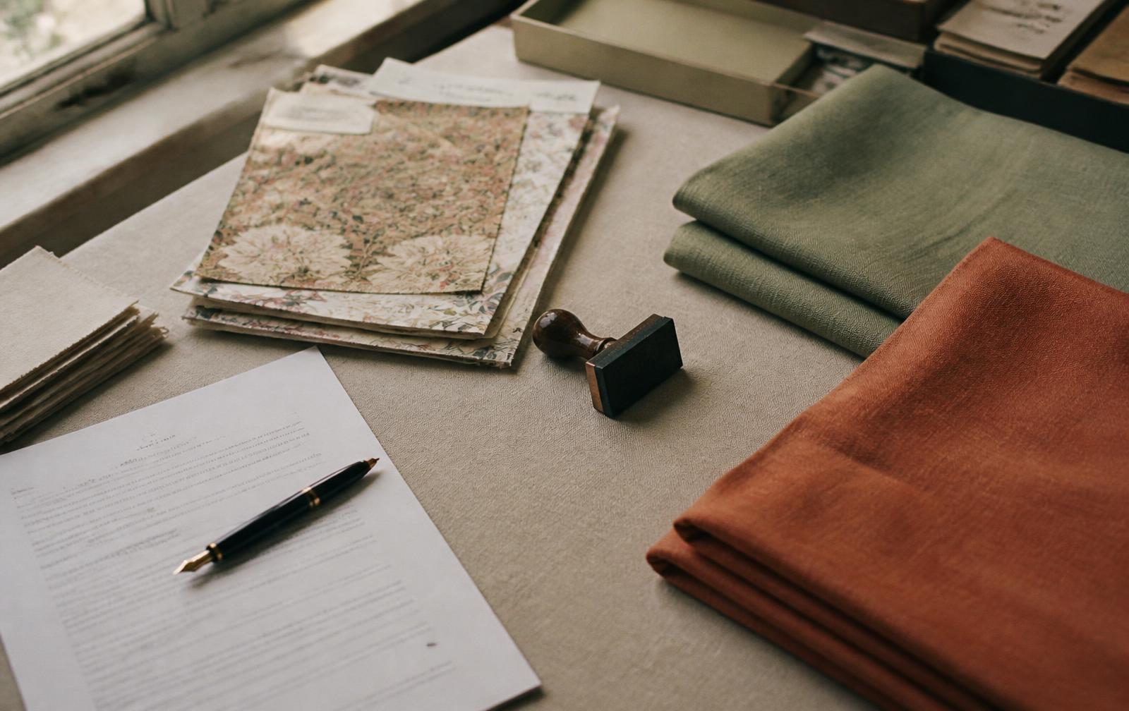 Studio desk with printed fabric swatches, a signed pattern licence document, fountain pen and stamp beside folded sage and terracotta fabric