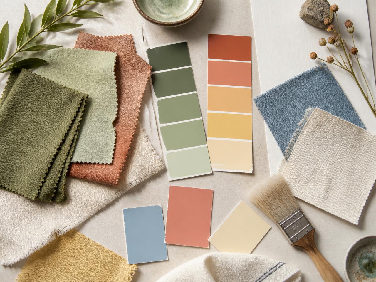 Fabric swatches and paint chips in olive, sage, terracotta, butter yellow, dusty blue and cream