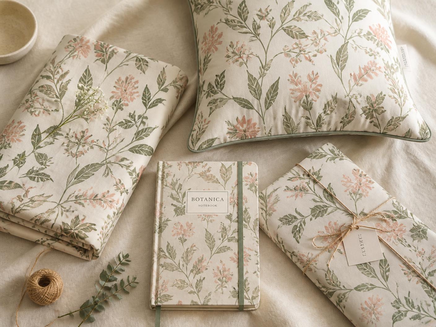 One botanical seamless pattern applied across folded dress fabric, a cushion cover, a notebook and gift wrap on cream linen