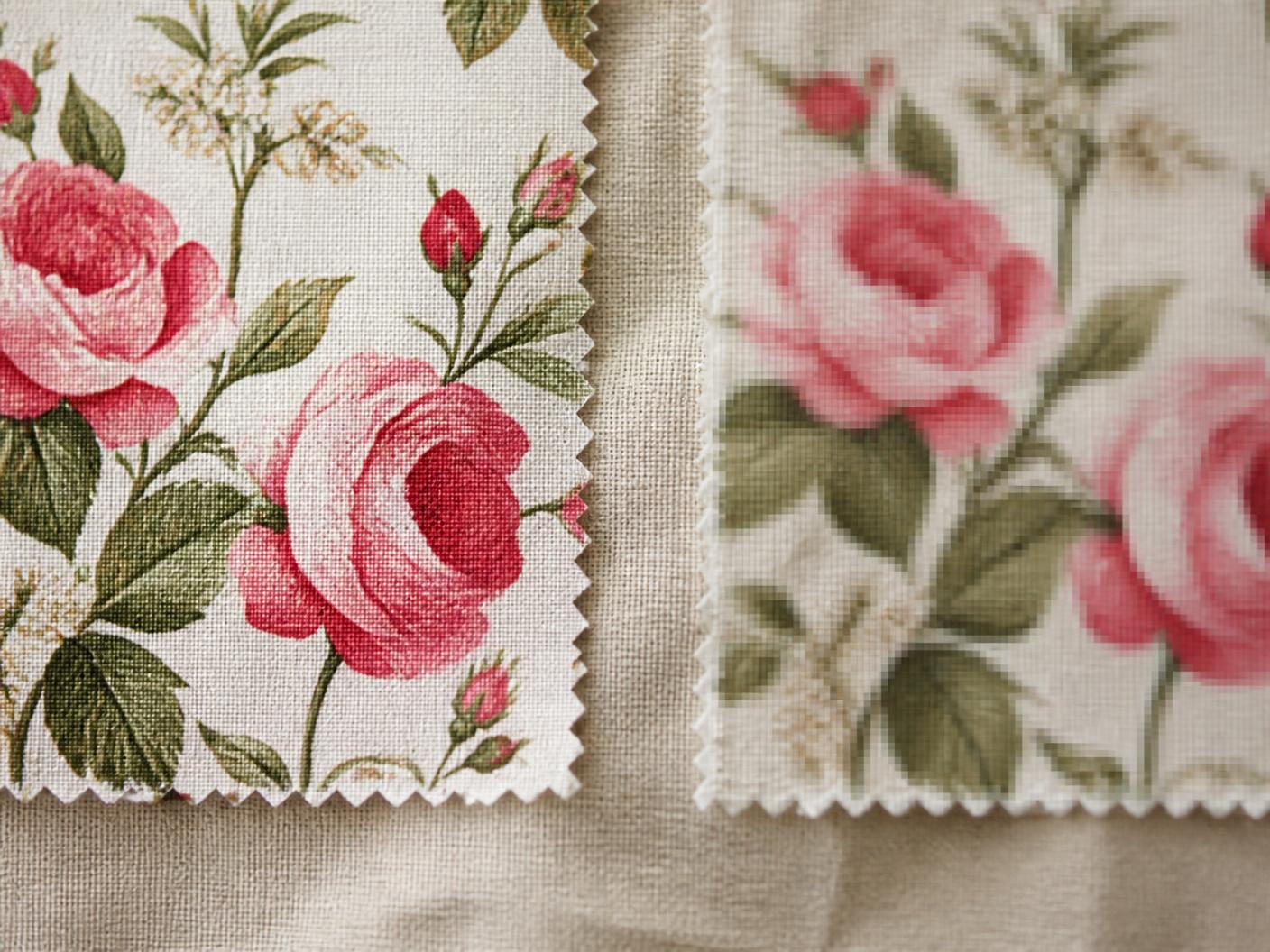 Two printed floral fabric swatches side by side, one crisp at 300 DPI and one visibly blurry from a low-resolution file