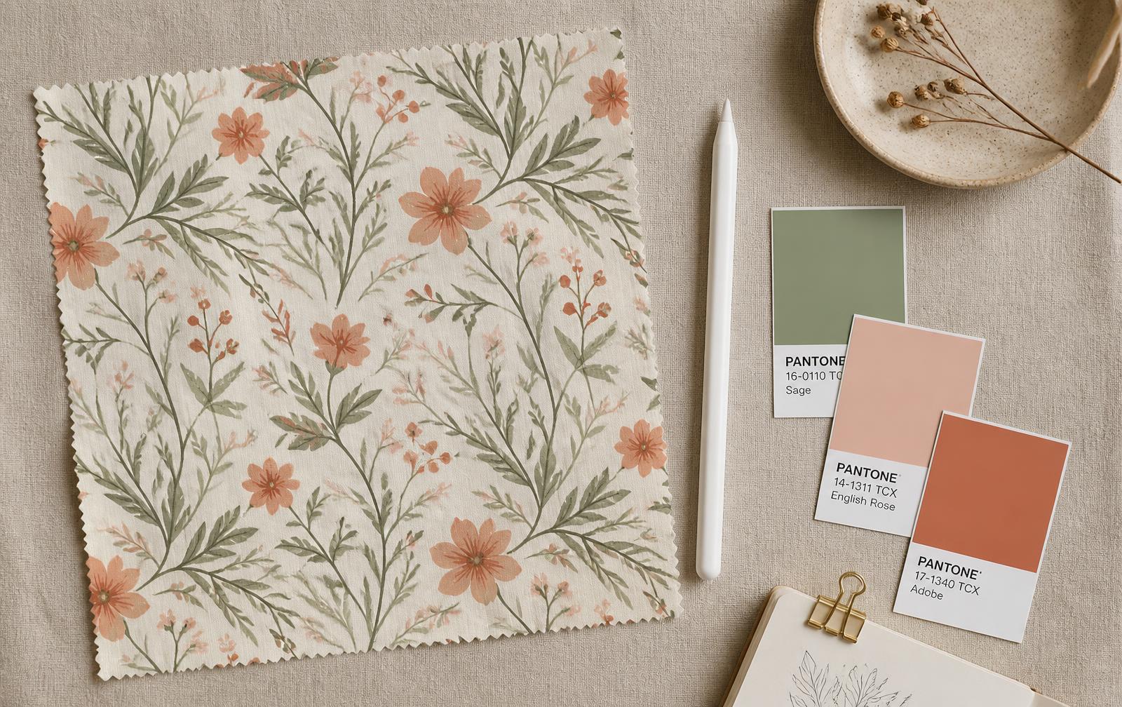 Printed seamless botanical fabric swatch on a designer's desk with stylus and sage, blush and terracotta colour chips