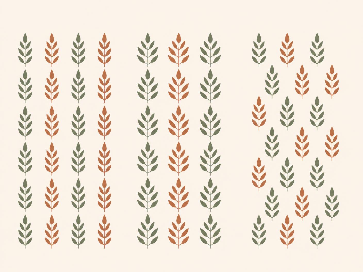 Diagram comparing drop repeat, mirror repeat and half-drop repeat layouts using simple leaf motifs in sage and terracotta