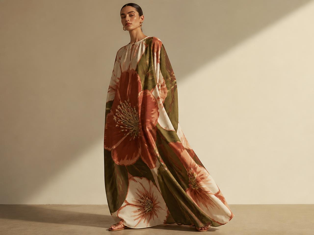 Model in an oversized statement floral kaftan with large painted blooms in terracotta, cream and olive