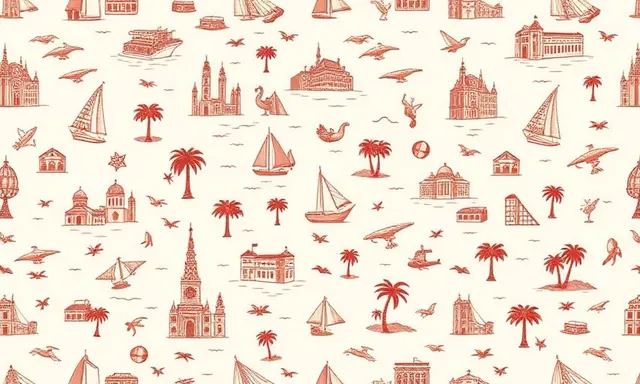 Seamless travel print surface pattern swatch with illustrated landmarks and map motifs