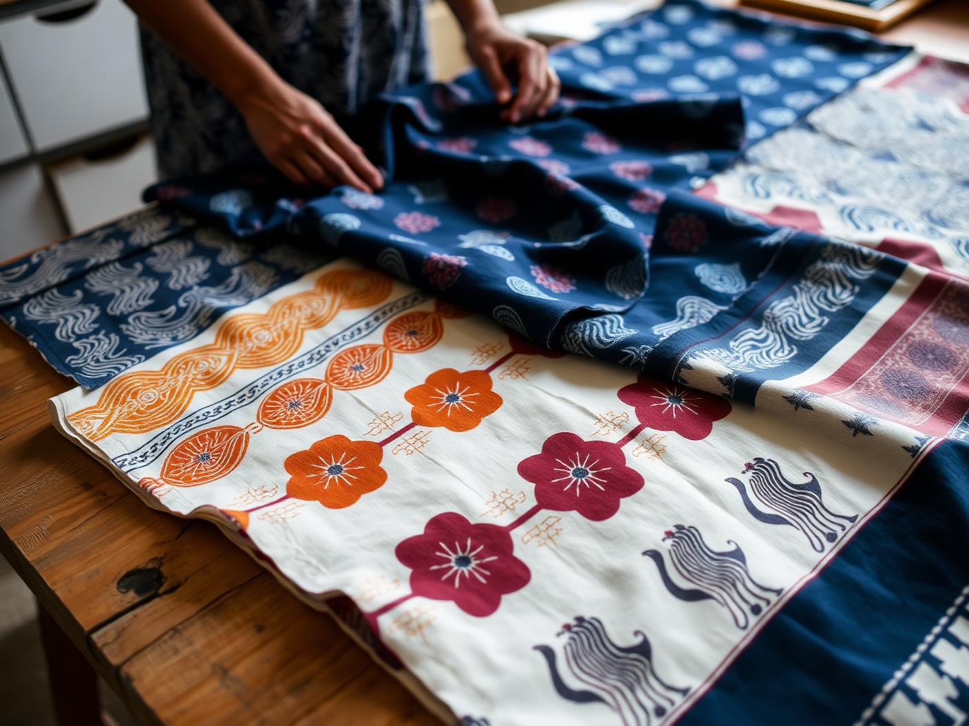 Hands arranging layered printed cloths combining Indian block-print, Japanese wave and geometric border motifs in indigo, madder and ochre