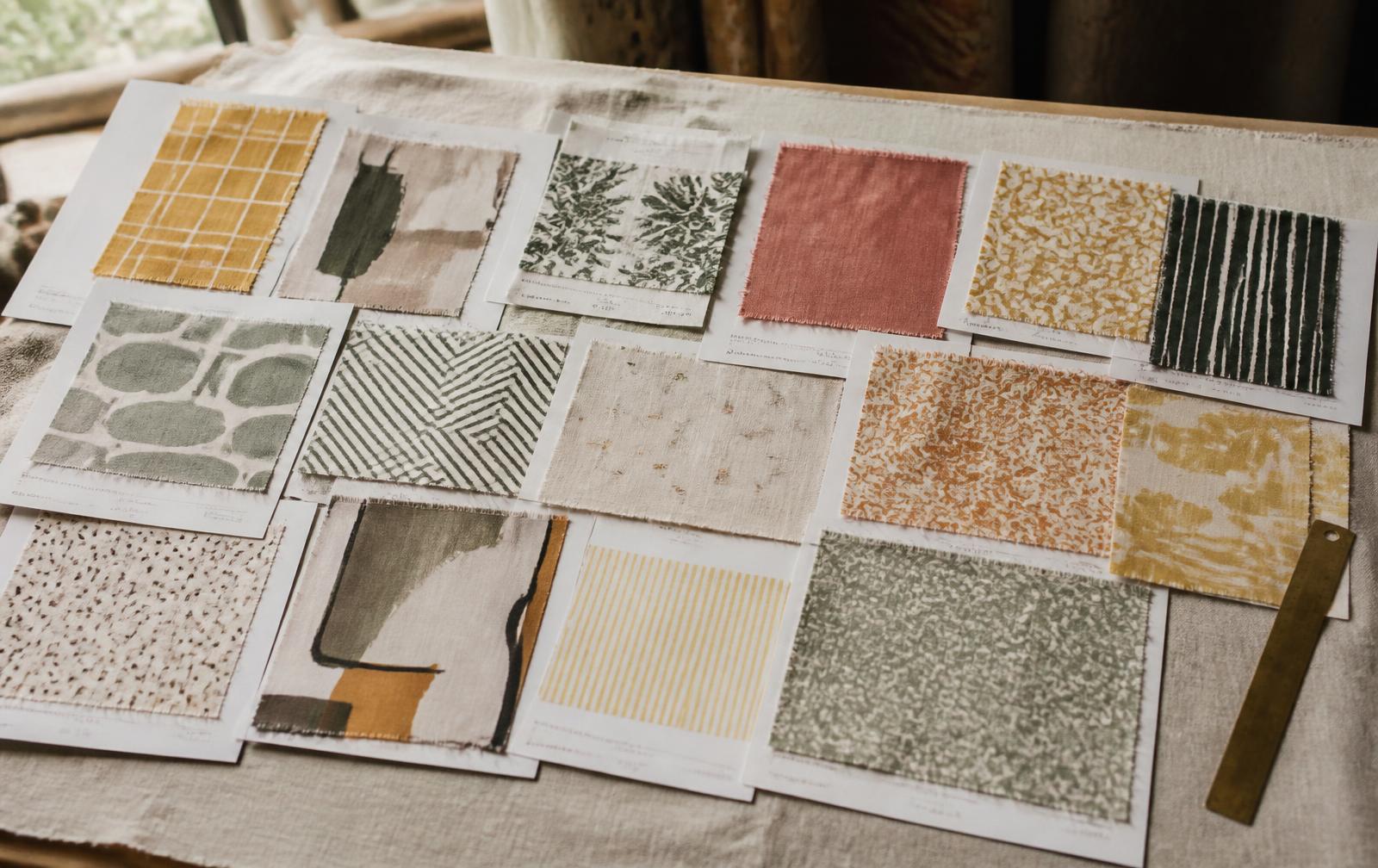 Studio table laid with a collage of printed textile swatches — geometric grids, abstract brushstrokes, natural textures, retro ochre prints and tiny ditsy repeats