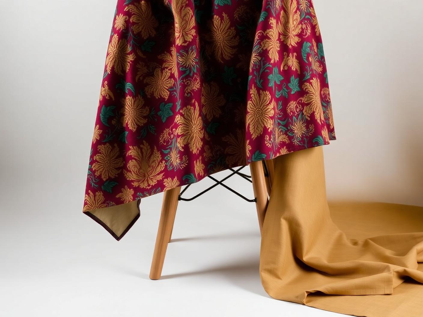 Densely patterned oxblood, brass and green printed fabric draped over a studio stool with a plain ochre cloth beside it