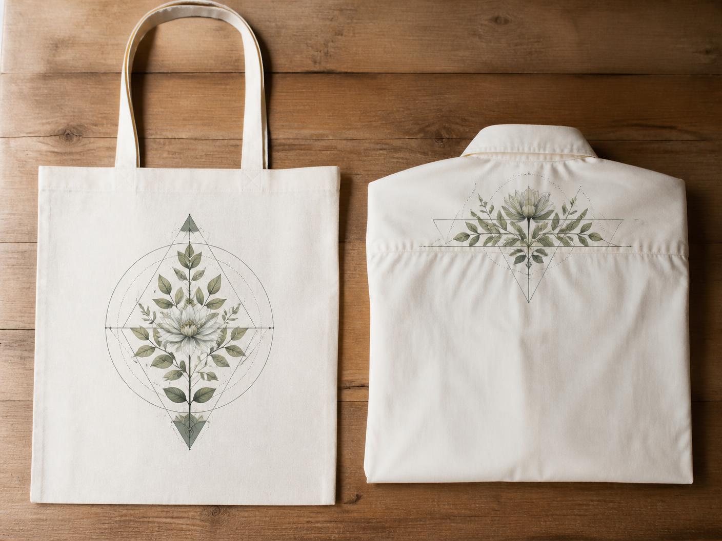 Ecru cotton tote and folded cream shirt on a wooden table, each carrying a single engineered botanical-geometric placement print