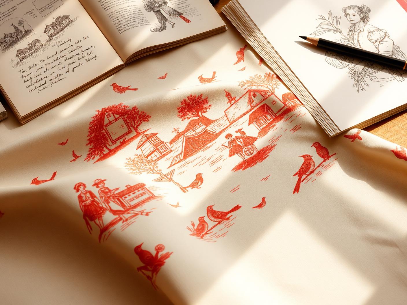 Narrative toile-style printed cloth in terracotta on cream showing small village scenes and birds, beside sketchbooks and a pencil