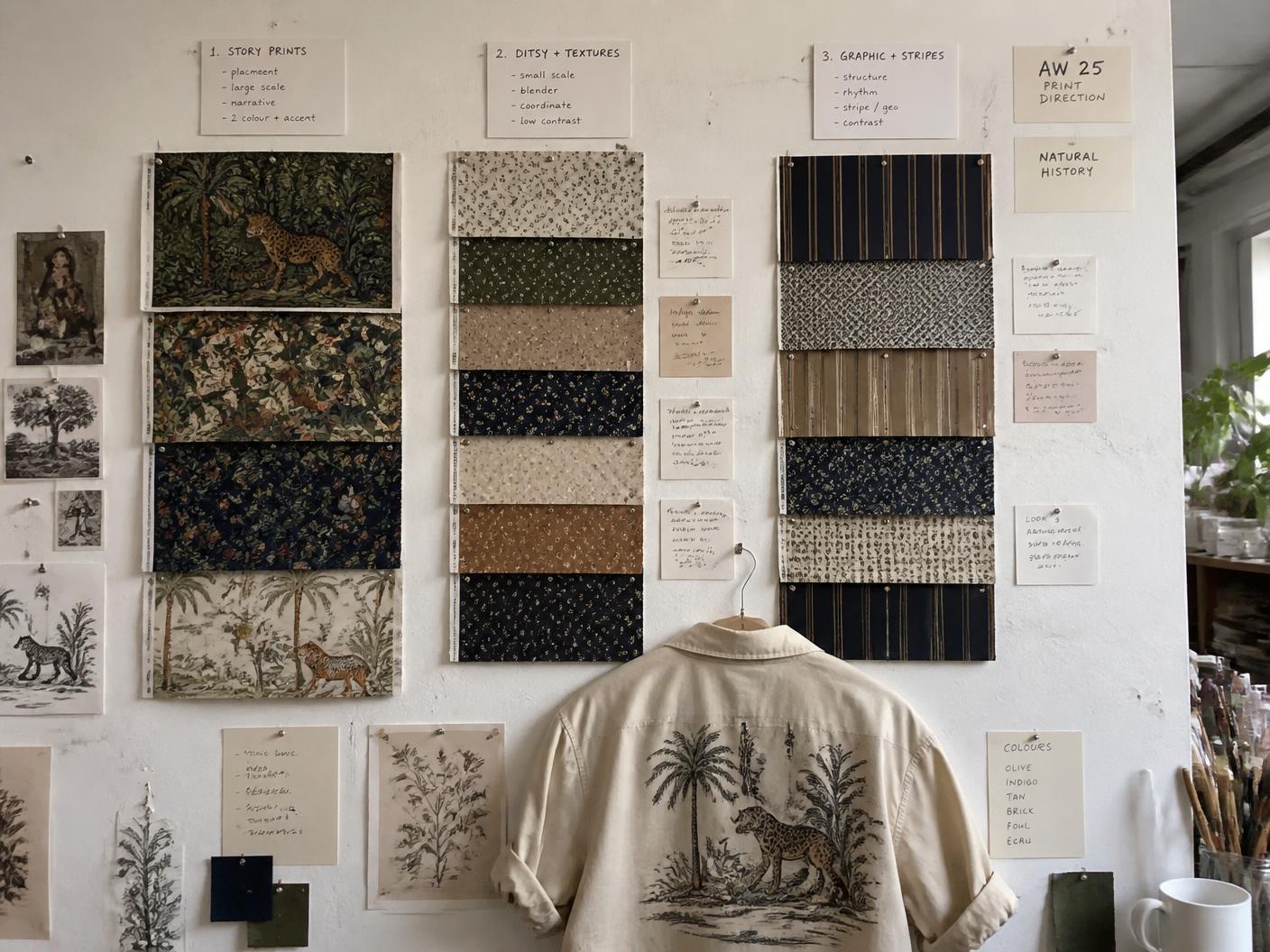 Studio planning wall with printed swatches grouped into three labelled columns of story prints, ditsy textures and graphic stripes, with handwritten index cards