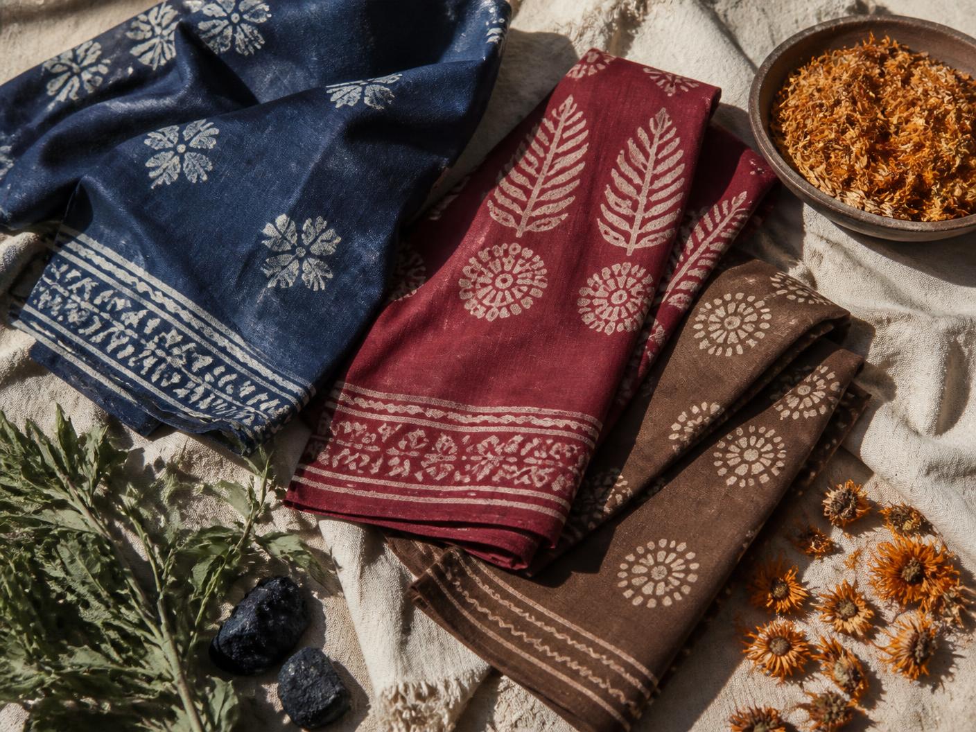 Naturally dyed block-printed cloths in indigo, madder red and walnut brown on raw hemp, with marigold petals and dye plants alongside