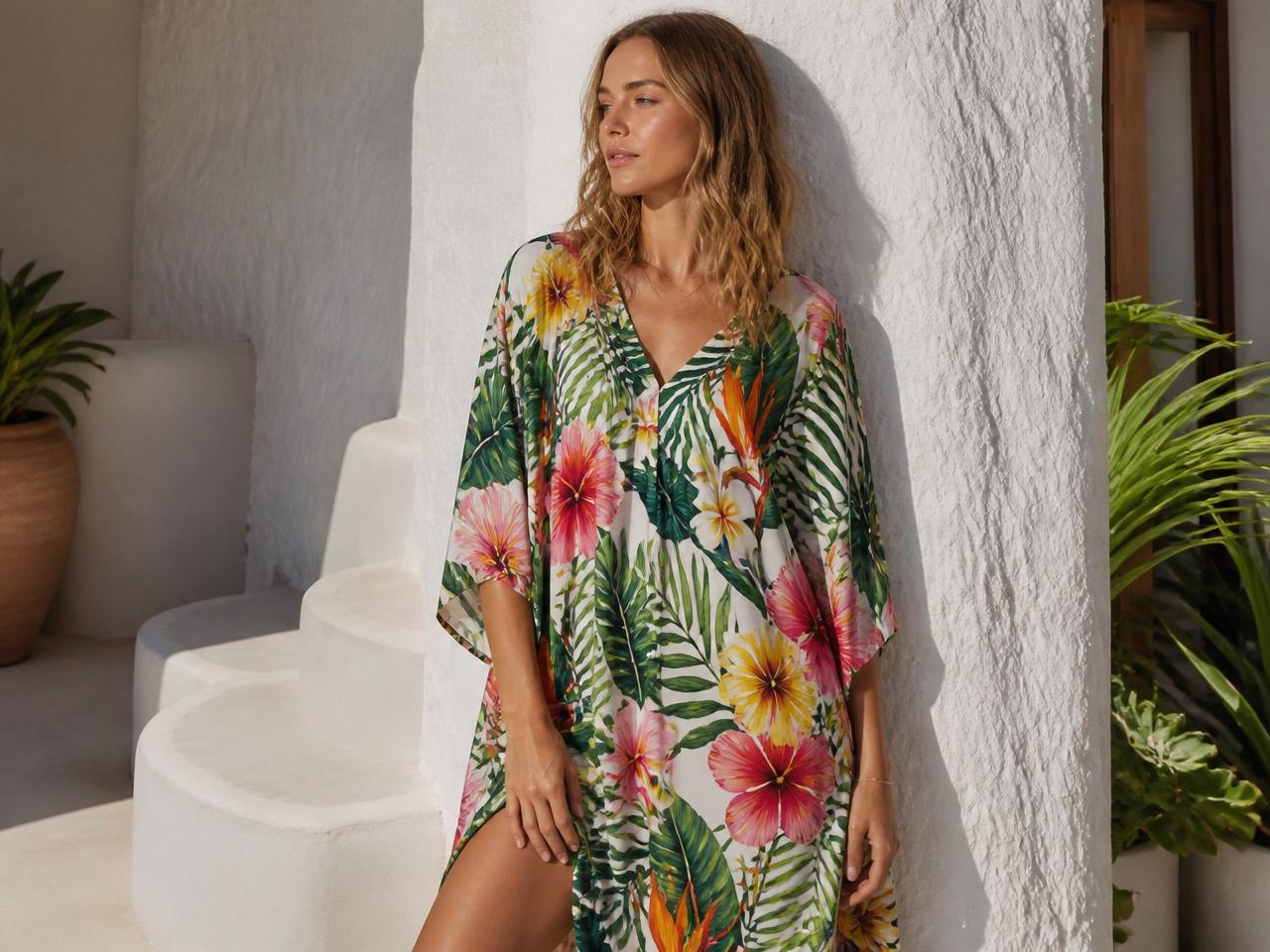 Model in a tropical floral kaftan with hibiscus, plumeria and palm leaves against a white plaster wall