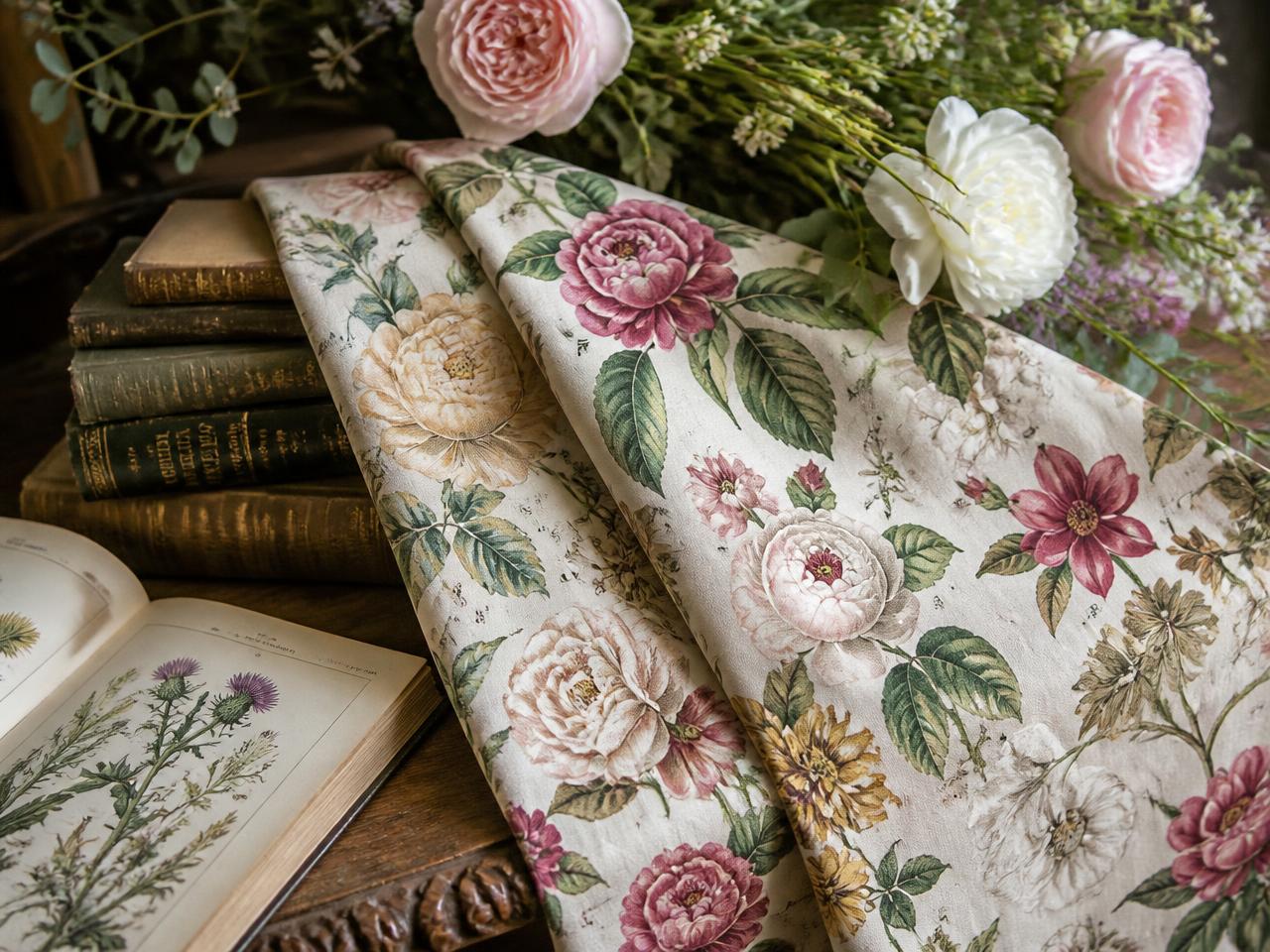 Vintage botanical garden print fabric with roses and peonies draped beside antique illustration books