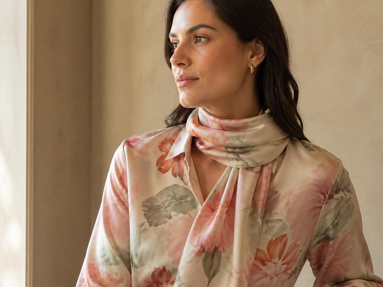 Model wearing a watercolour floral silk blouse and scarf in peach, dusty pink and sage
